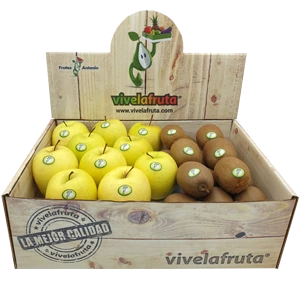 Caja de frutas variadas con manzanas Golden y kiwis. Ideal para empresas y oficinas.
